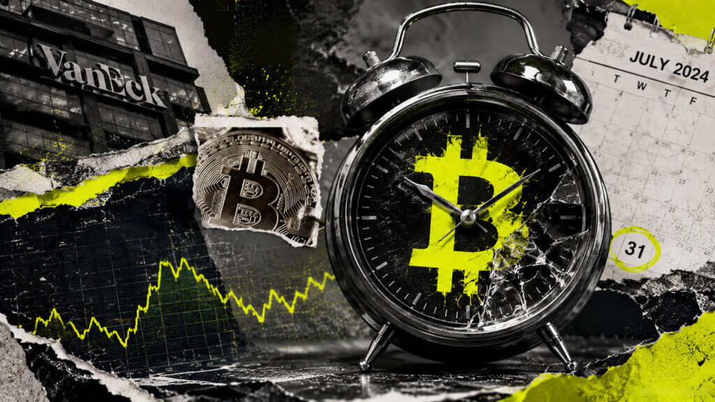 Cracked Bitcoin alarm clock beside VanEck, a market chart and July 31 calendar, representing HODL’s expiring zero-fee period.