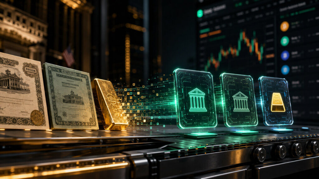 Traditional stock certificates and a gold bar transforming into glowing digital asset cards along a futuristic crypto exchange conveyor belt.