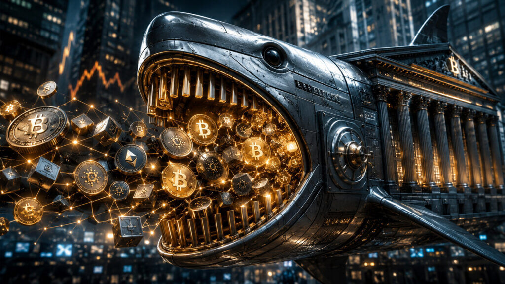 Wall Street shark swallowing Bitcoin symbol to illustrate how Wall Street took over crypto and institutionalized digital assets