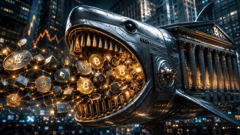 Wall Street shark swallowing Bitcoin symbol to illustrate how Wall Street took over crypto and institutionalized digital assets