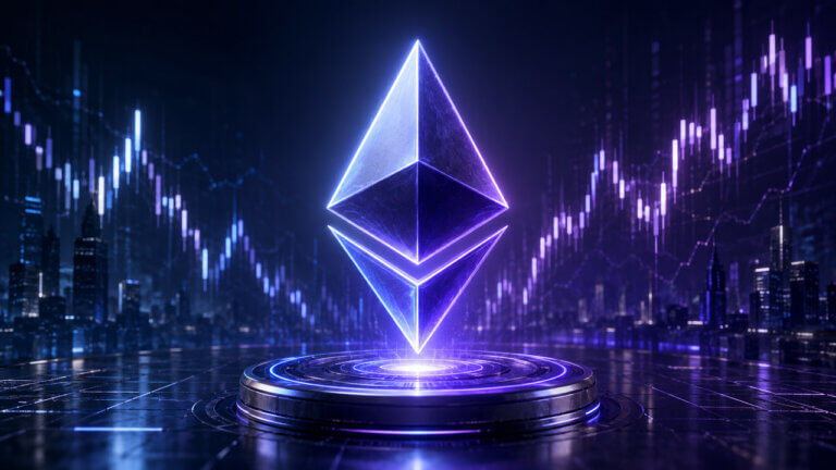 Glowing Ethereum symbol hovering above a futuristic platform with rising and falling market charts across a dark financial cityscape.