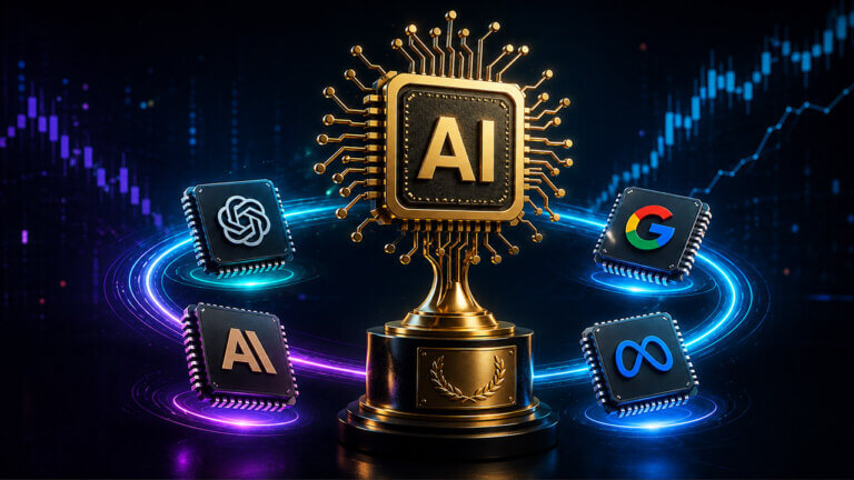Golden AI chip trophy surrounded by OpenAI, Google, Meta, and competing AI model icons against a futuristic market chart background.