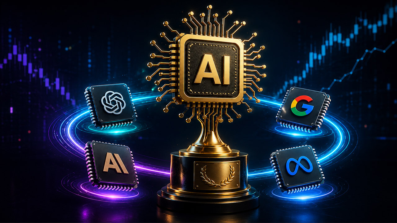Golden AI chip trophy surrounded by OpenAI, Google, Meta, and competing AI model icons against a futuristic market chart background.