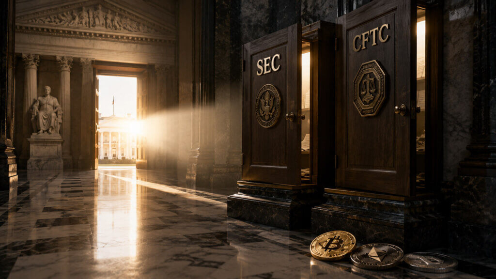 White House influence over SEC and CFTC regulatory corridor illustrating US crypto oversight changes following Supreme Court ruling