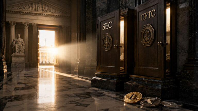 White House influence over SEC and CFTC regulatory corridor illustrating US crypto oversight changes following Supreme Court ruling