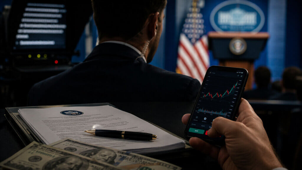 White House staffer seen from behind holding a phone with a rising prediction-market chart beside prepared presidential remarks and cash in the briefing room.