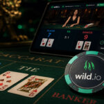 Premium close-up of a wild.io casino chip beside baccarat cards and chips, with a tablet displaying a live baccarat betting interface in a dark green casino setting.