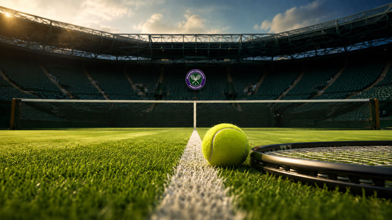 Sunlit Wimbledon-style grass tennis court with a tennis ball and racket in the foreground, with flags removed from the stadium background.