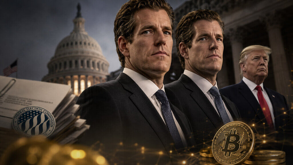 Cameron and Tyler Winklevoss stand in front of the US Capitol with Donald Trump, FEC documents, and Bitcoin coins symbolizing their $10 million MAGA Inc. donation.