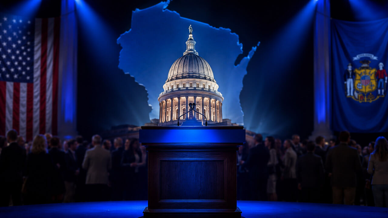 Empty campaign podium framed by Wisconsin and United States flags with the State Capitol and Wisconsin map behind it.