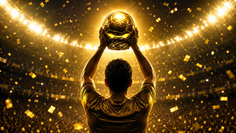 Football player seen from behind lifting a golden ball trophy above his head in a brightly lit stadium filled with gold confetti.