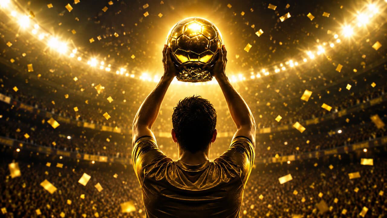Football player seen from behind lifting a golden ball trophy above his head in a brightly lit stadium filled with gold confetti.