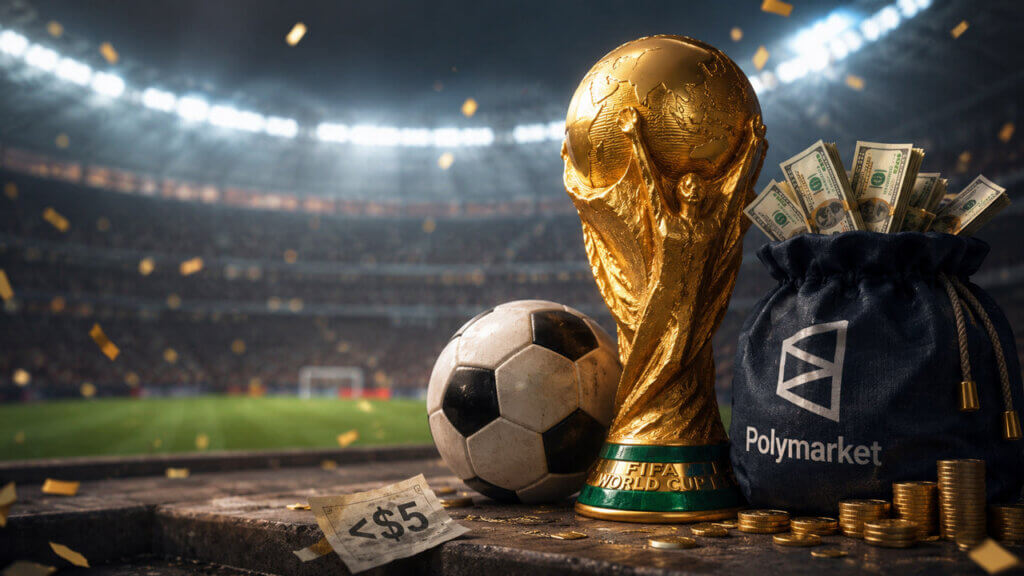 World Cup trophy and soccer ball beside a Polymarket money bag overflowing with cash and a note illustrating the gap between small trader payouts and a handful of million-dollar winners.