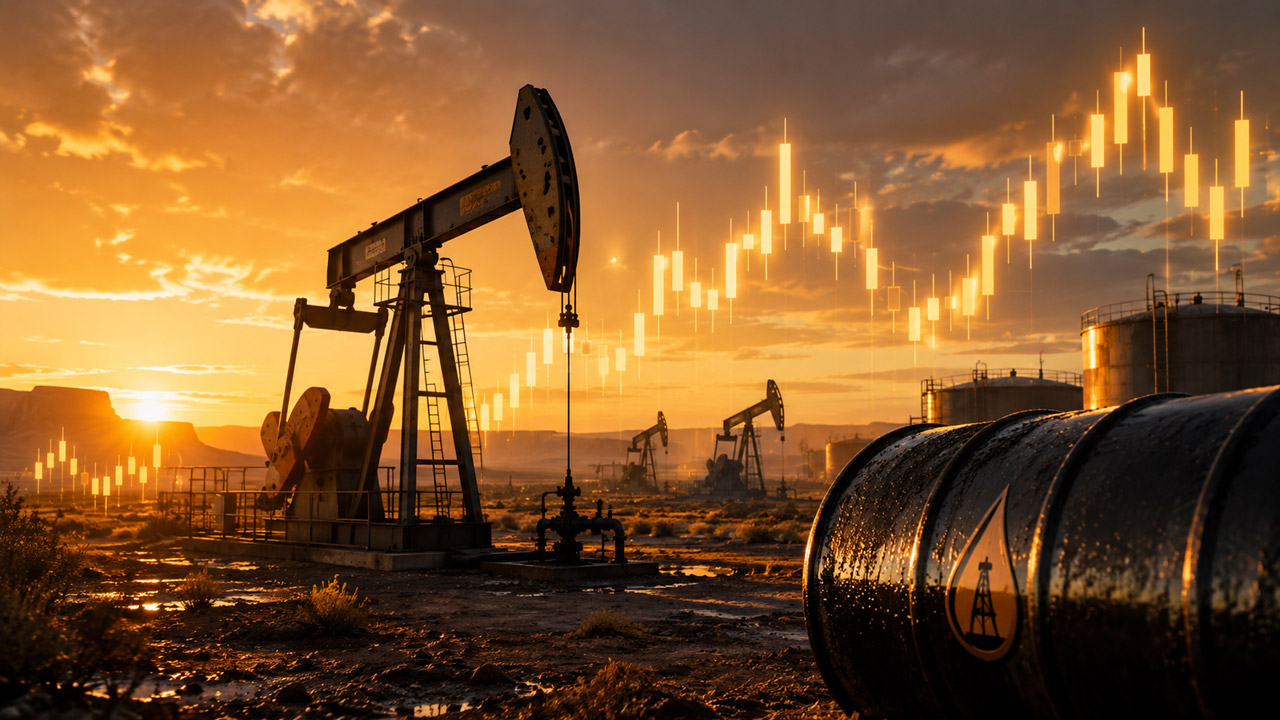 Oil pumpjack and storage tanks at sunset with glowing candlestick charts symbolizing WTI crude price movement.