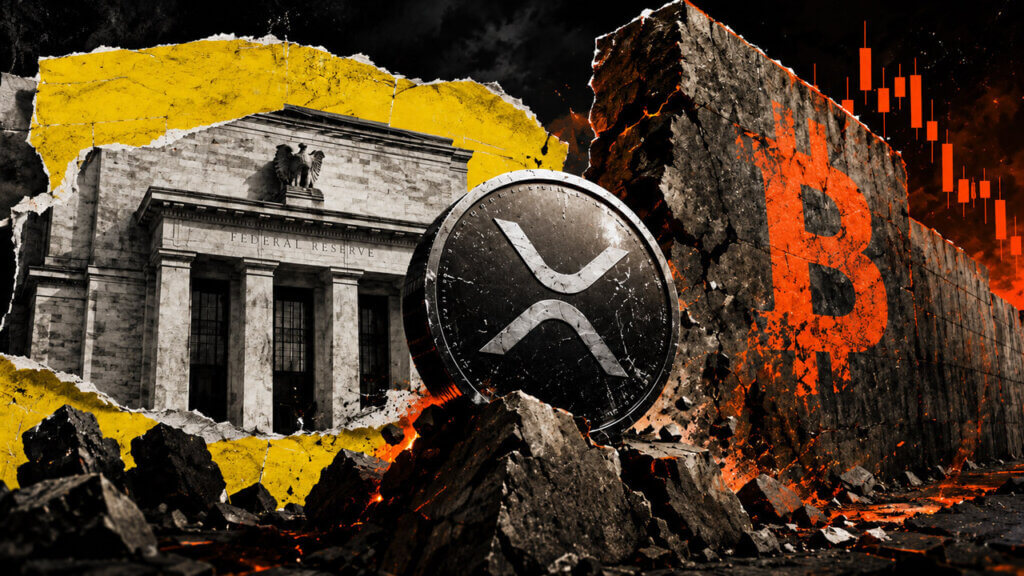Editorial financial collage showing a large scratched XRP medallion amid rubble between the Federal Reserve building and a fractured wall marked with the Bitcoin symbol, with yellow torn-paper textures, orange market bars, and glowing debris.