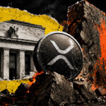Editorial financial collage showing a large scratched XRP medallion amid rubble between the Federal Reserve building and a fractured wall marked with the Bitcoin symbol, with yellow torn-paper textures, orange market bars, and glowing debris.