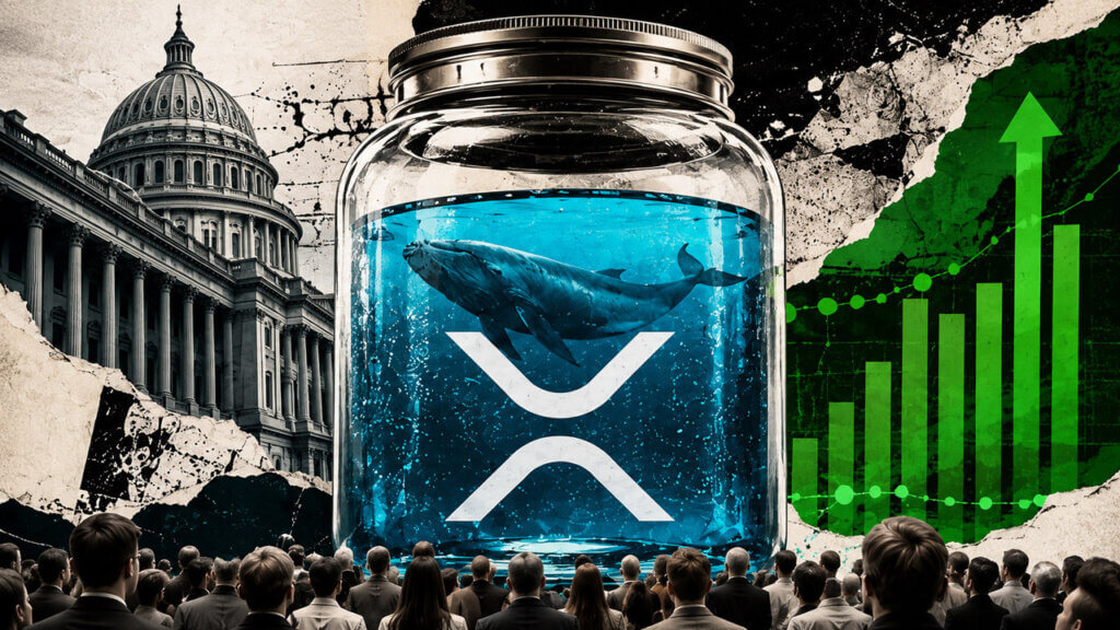 A whale floats inside a glass jar marked with the XRP symbol beside institutional architecture, investor crowds, and rising green bars representing sustained ETF inflows.