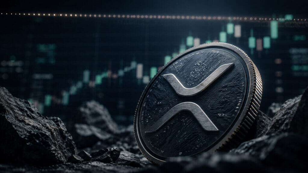 Close-up of a metallic XRP coin among dark rocks with a rising crypto price chart in the background, representing growing open interest ahead of the $1.18 resistance test.