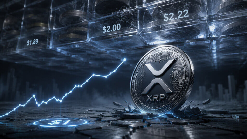 XRP coin rising from a cracked floor beneath glass price barriers marked $1.89, $2.00, and $2.22, illustrating overhead holder resistance.