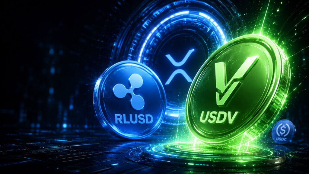 Illustration of RLUSD and USDV stablecoin symbols connected by glowing digital network graphics.