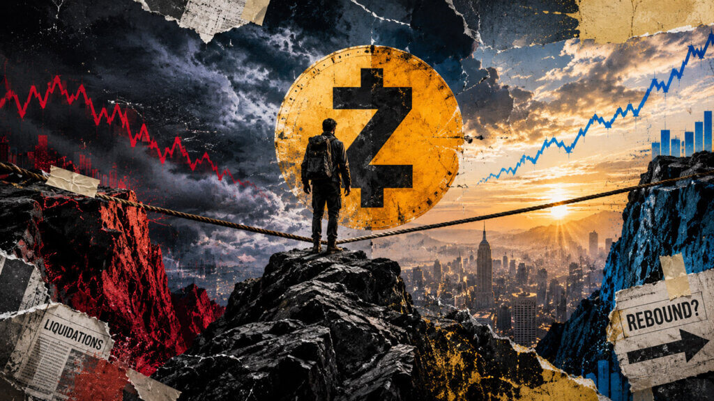 Editorial collage showing a lone backpacked figure standing on a rocky peak before a large Zcash symbol, between a stormy red liquidation chart on the left and a rising blue rebound chart above a sunlit city on the right.