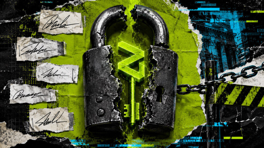 Acid-green editorial collage showing five signature fragments beside a shattered padlock revealing a glowing Zilliqa-shaped private key, with a chained transaction gate in the background.