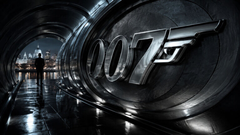 Chrome 007 emblem embedded inside a cinematic metallic gun-barrel tunnel with dramatic reflections.