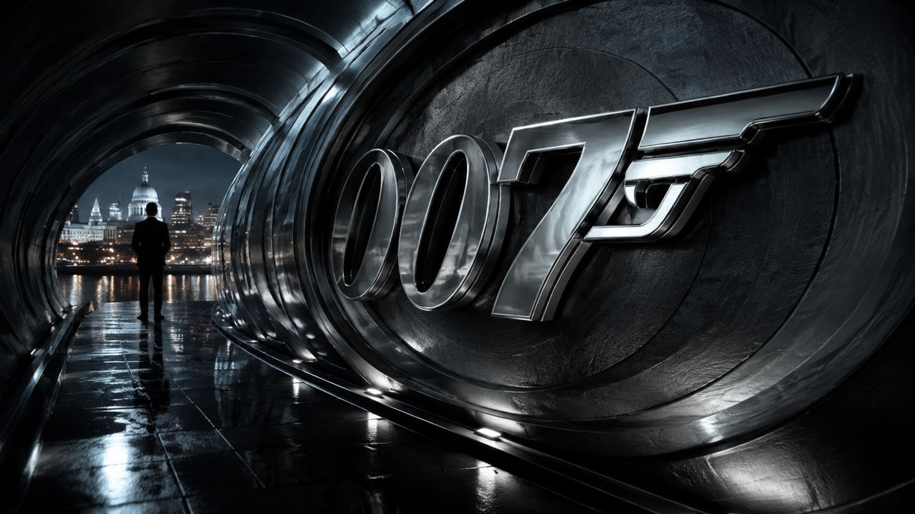 Chrome 007 emblem embedded inside a cinematic metallic gun-barrel tunnel with dramatic reflections.