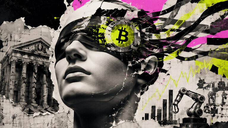 Blindfolded AI adviser with a Bitcoin lens, bank facade, rising chart, and robotic arm in an electric editorial collage.