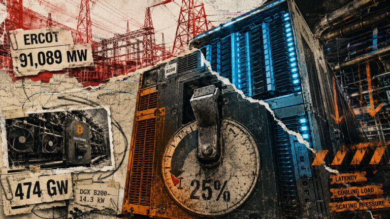 AI server rack with a 25% power dial collaged against ERCOT grid pressure, Bitcoin mining evidence, and Texas demand figures.