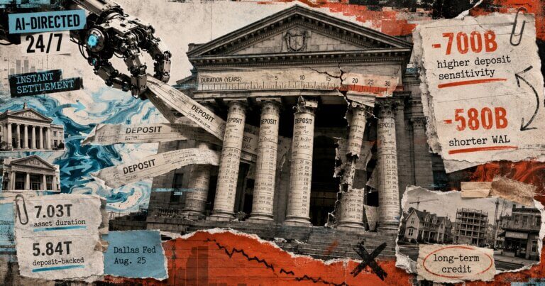 Editorial collage of a bank building with deposit slips, an AI robotic arm, duration figures, and notes showing $700 billion and $580 billion reductions.