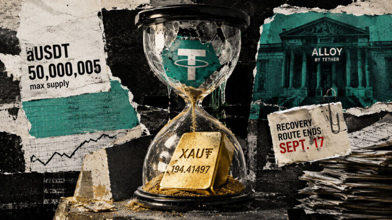 Cracked hourglass spills gold onto 194.41497 XAU₮ collateral beside Alloy by Tether and a Sept. 17 recovery cutoff.