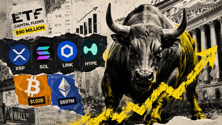 Charging Wall Street bull leads a collage of XRP, SOL, LINK and HYPE as nearly $90 million flows into altcoin ETFs.