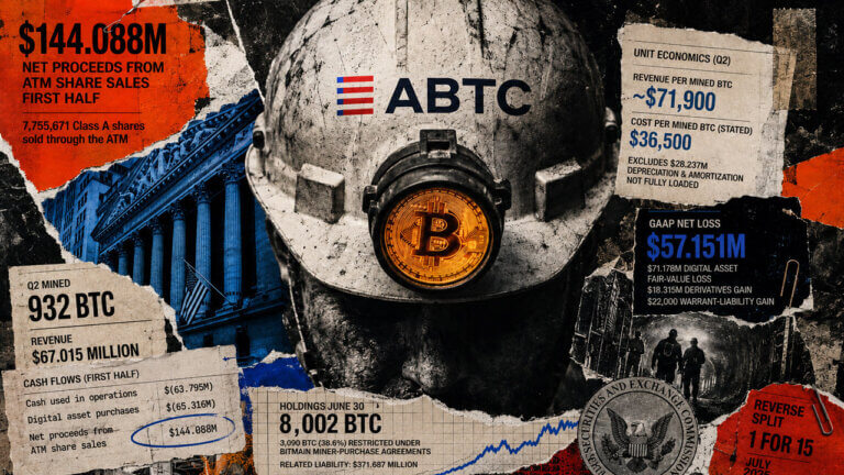 American Bitcoin mining collage with ABTC hard hat, Bitcoin symbol, $144.088M share-sale proceeds, 932 BTC mined, and financial evidence.