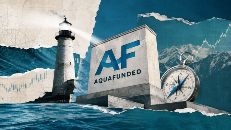 AquaFunded mixed-media cover with AF monument, lighthouse, compass, ocean and layered financial textures in blue tones.