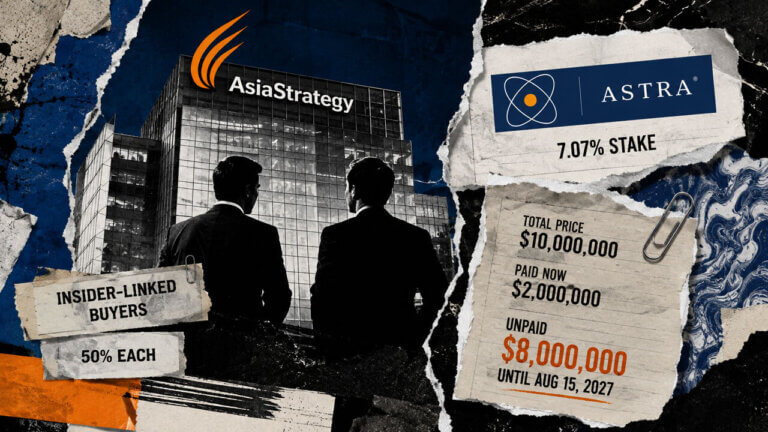 Collage shows AsiaStrategy selling its 7.07% Astra stake to insider-linked buyers, with $8M of the $10M price deferred.