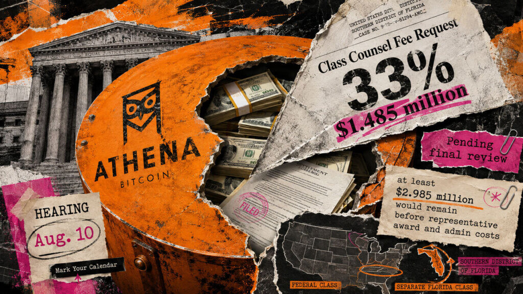 Athena Bitcoin-branded orange vault opens onto cash and settlement documents beside a courthouse, 33% fee request, and pending final review.