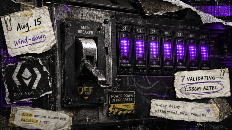 Seven DV Labs validators remain active during Aztec’s wind-down, shown as glowing modules beside a failed power-down switch.