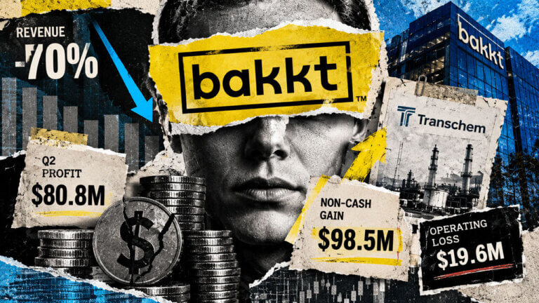 Editorial collage shows Bakkt’s $98.5M non-cash gain lifting profit while revenue falls 70% and operating losses weigh down results.