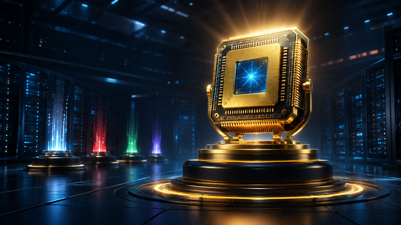 Golden AI processor displayed like a trophy in a futuristic server room, symbolizing the best AI model at the end of September.