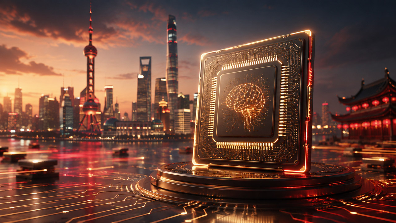 Glowing AI processor with a neural brain symbol displayed against Shanghai’s skyline at sunset.