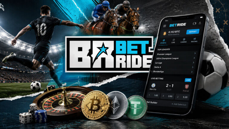 Betride sportsbook collage with football, horse racing, casino games, crypto coins, and a mobile betting interface.