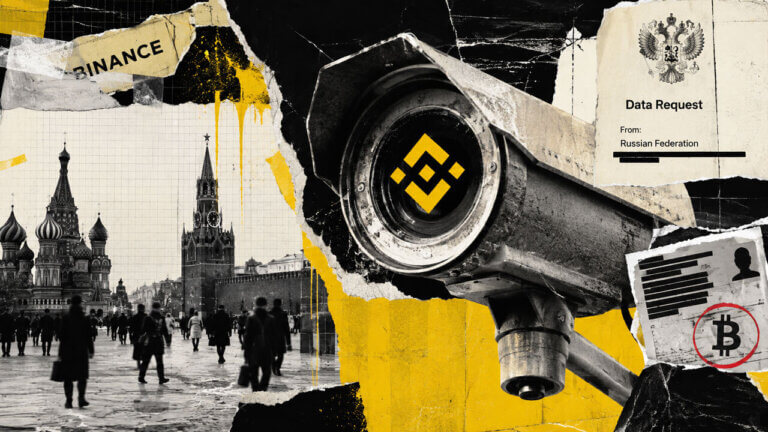 Giant surveillance camera with Binance symbol overlooks Moscow beside a Russian data request in a torn-paper editorial collage.