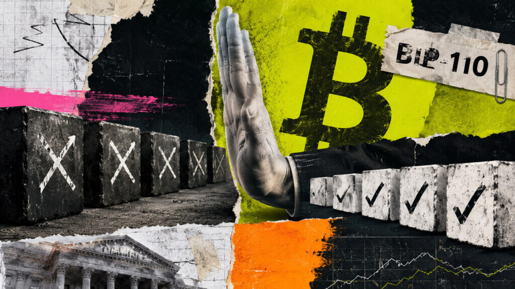 Raised hand separates rejected and accepted Bitcoin blocks at a glowing BIP-110 enforcement gate.
