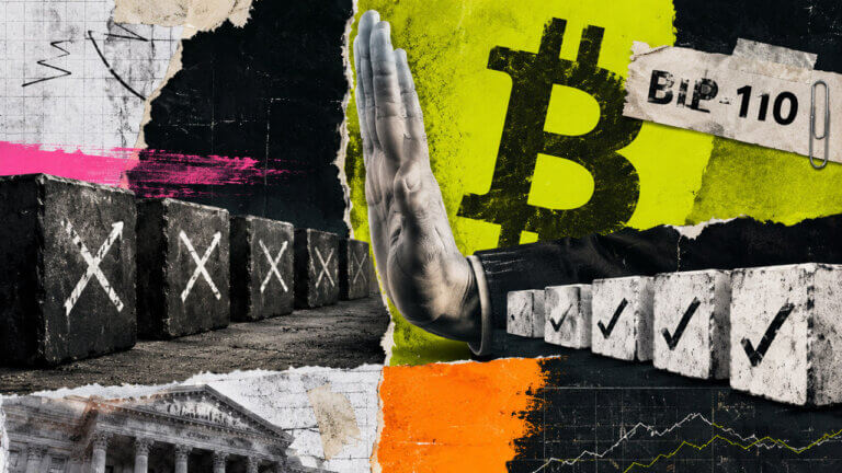 Raised hand separates rejected and accepted Bitcoin blocks at a glowing BIP-110 enforcement gate.