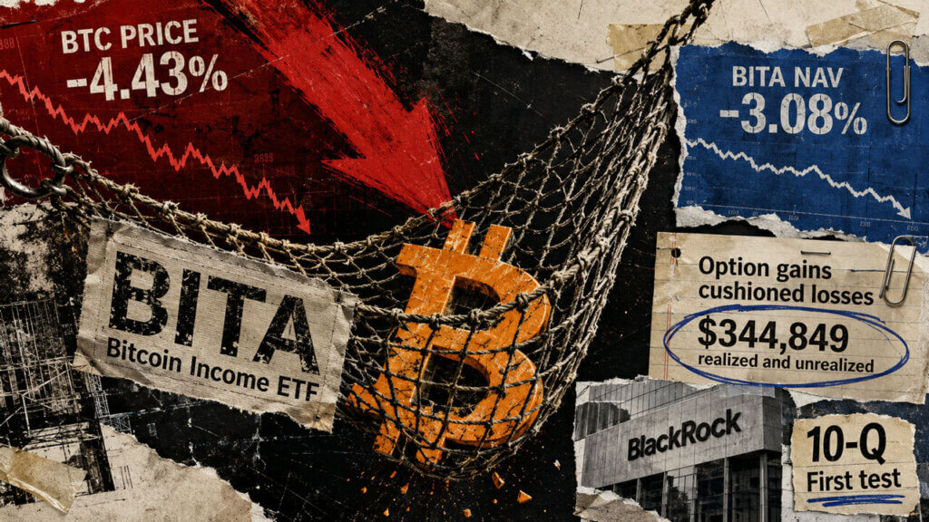 Bitcoin is caught in a BITA safety net as BTC falls 4.43%, with option gains helping limit the ETF’s NAV decline to 3.08%.