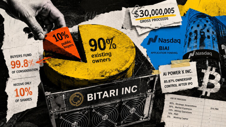 Bitari mining machine consumes a stream of investor cash marked 99.8% consideration while releasing only 10% of post-IPO shares.