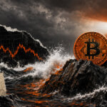 Bitcoin stands on storm-battered rocks near a lighthouse, with a falling market chart and $60,000 support note in an orange-black collage.