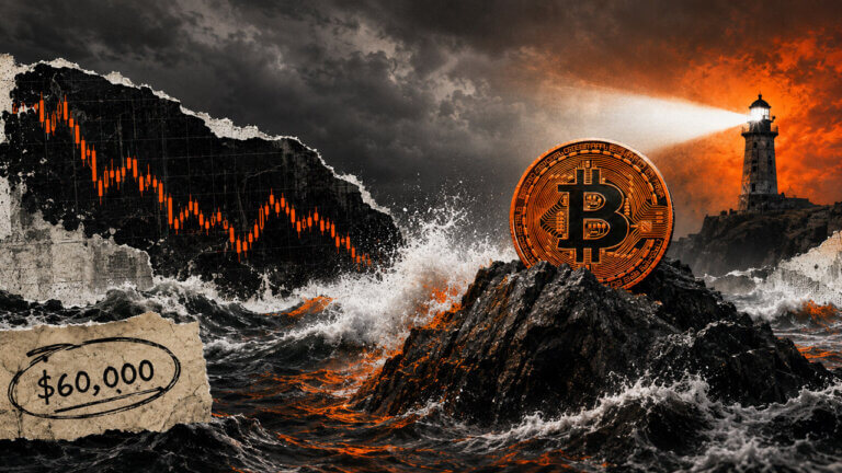 Bitcoin stands on storm-battered rocks near a lighthouse, with a falling market chart and $60,000 support note in an orange-black collage.