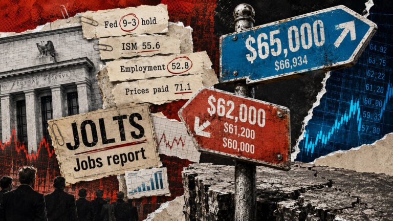 Weathered signs split Bitcoin toward $65,000 and $66,934 or down through $62,000, $61,200, and $60,000 amid jobs data.